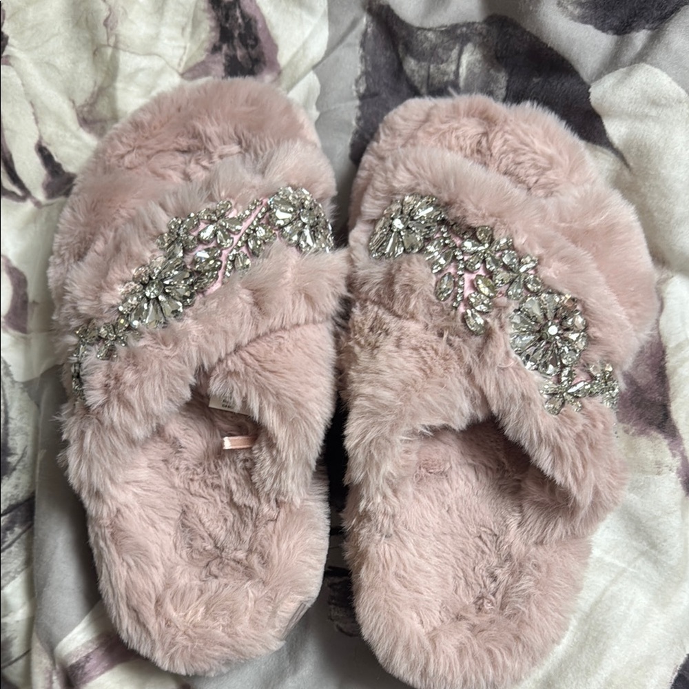 Pink Furry Slippers with Rhinestone Embellishments